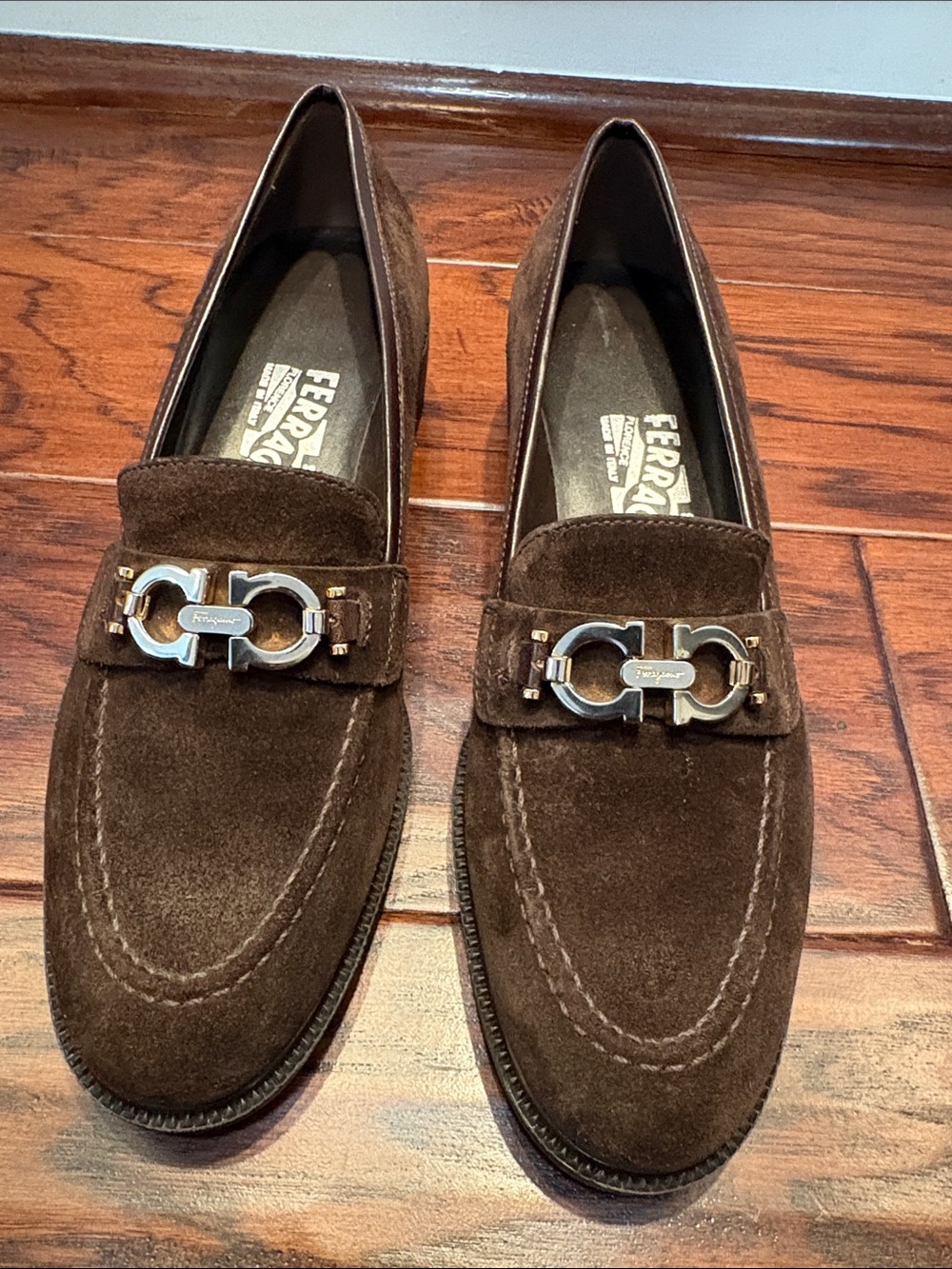 Salvatore Ferragamo brown suede Gancini bit loafers